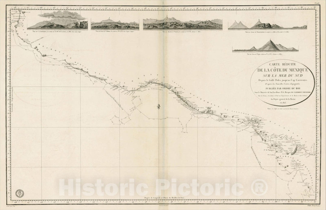 Historic Map : Carte Reduite de la Cote du Mexique Sur la Mer du Sud Depuis le Golfe Dulce jusqu'au Cap Corrientes, 1823, 1823, , Vintage Wall Art