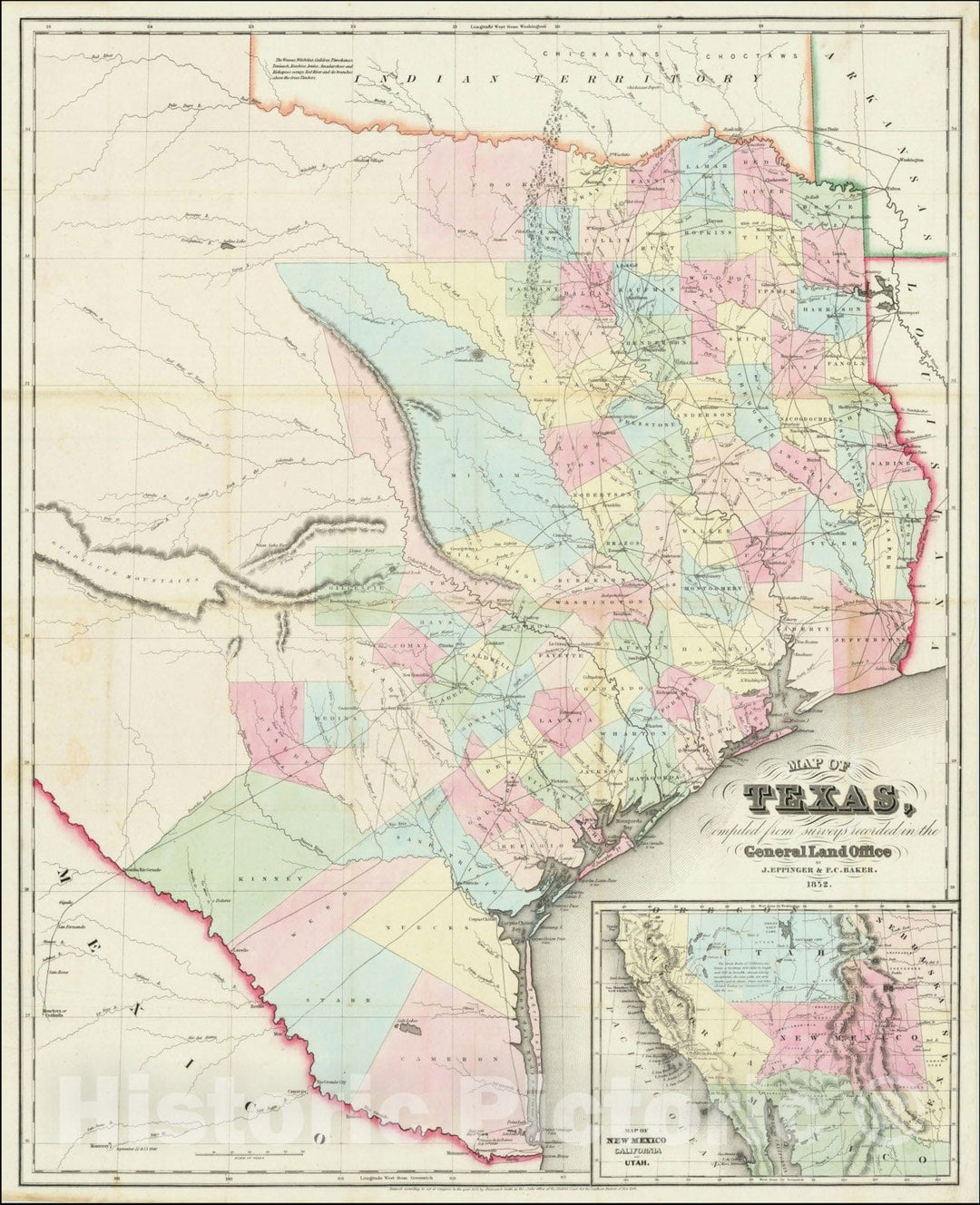 Historic Map : Map of Texas Compiled from surveys recorded in the General Land Office By J. Eppinger & F.C. Baker., 1852, J. Eppinger, Vintage Wall Art