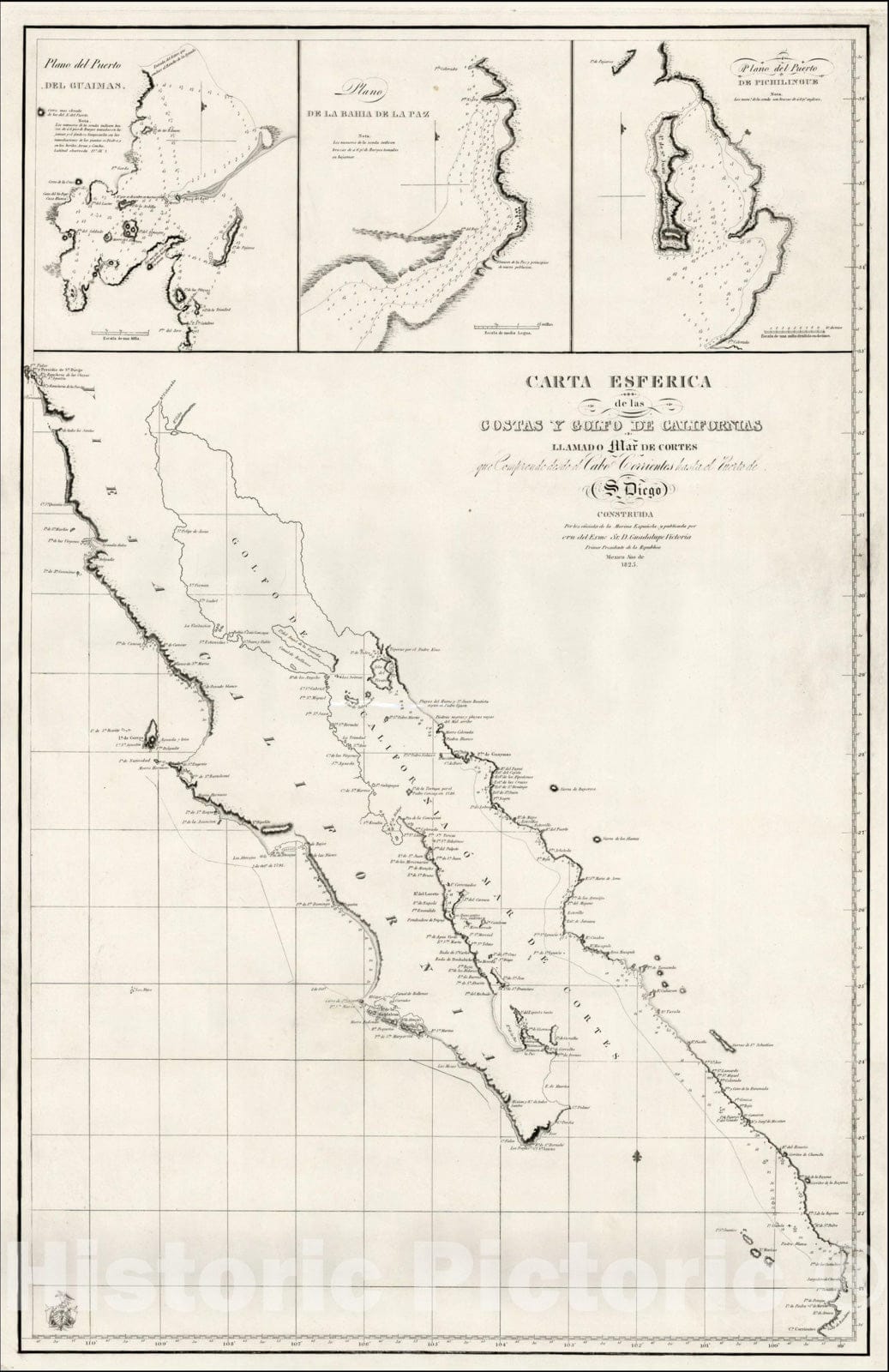 Historic Map : Carta Esferica de las Costas y Golfo De Californias Llamado Mar De Cortes, Mexico City, Aaron Arrowsmith, v1, Vintage Wall Art