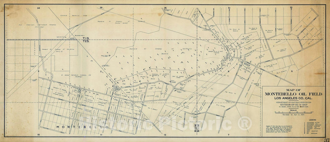 Historic Map : Map of Montebello Oil Field, Los Angeles, Cal. Department of Natural Resources, 1935, California Department of Natural Resources, Vintage Wall Art