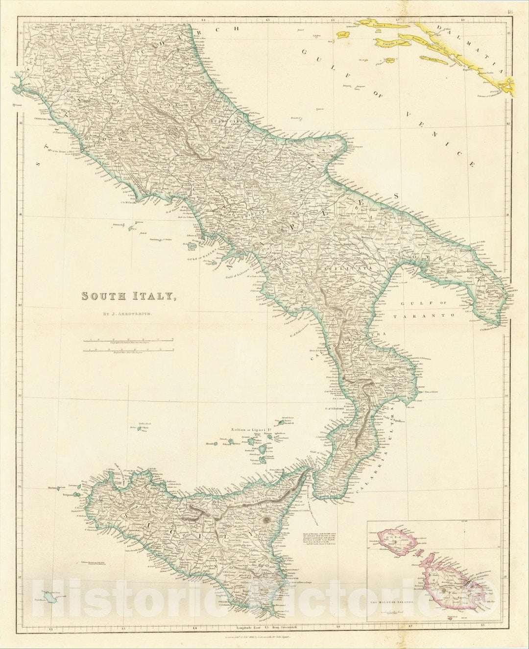 Historic Map : South Italy (with Sicily and Large Malta Inset), 1858, John Arrowsmith, Vintage Wall Art