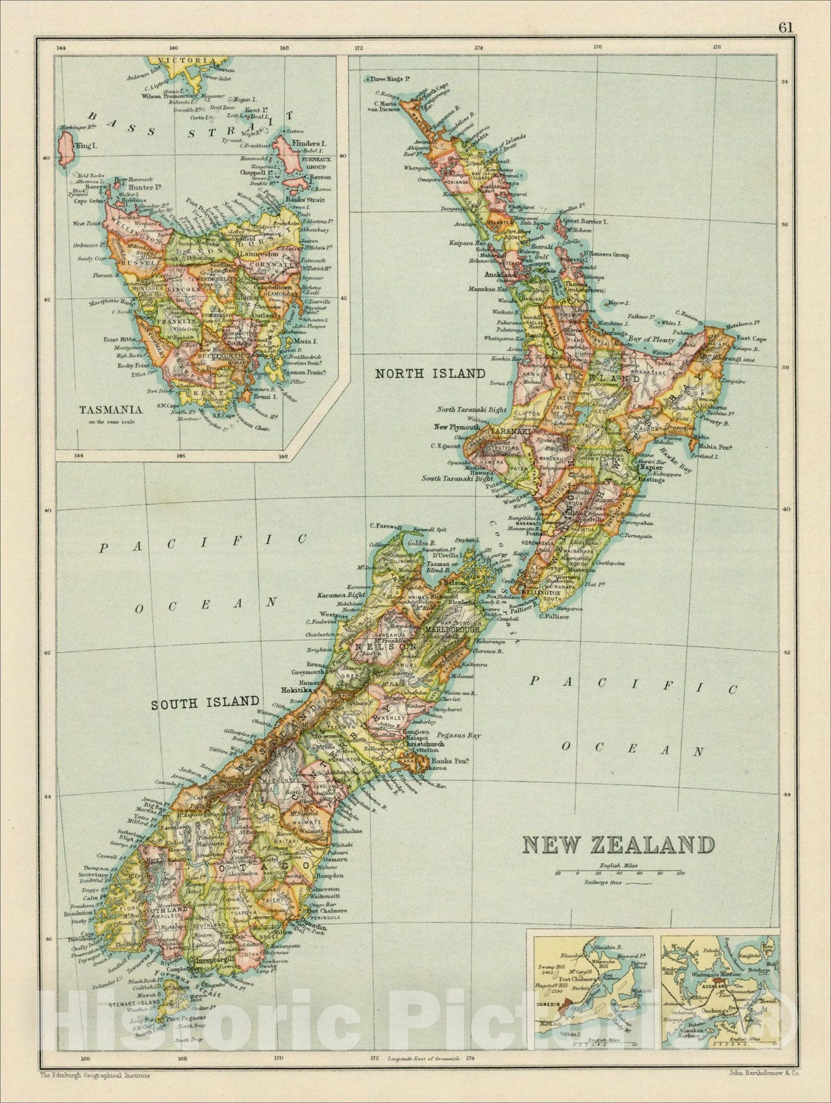 Historic Map : New Zealand (and) Tasmania, c1890, John Bartholomew, Vintage Wall Art