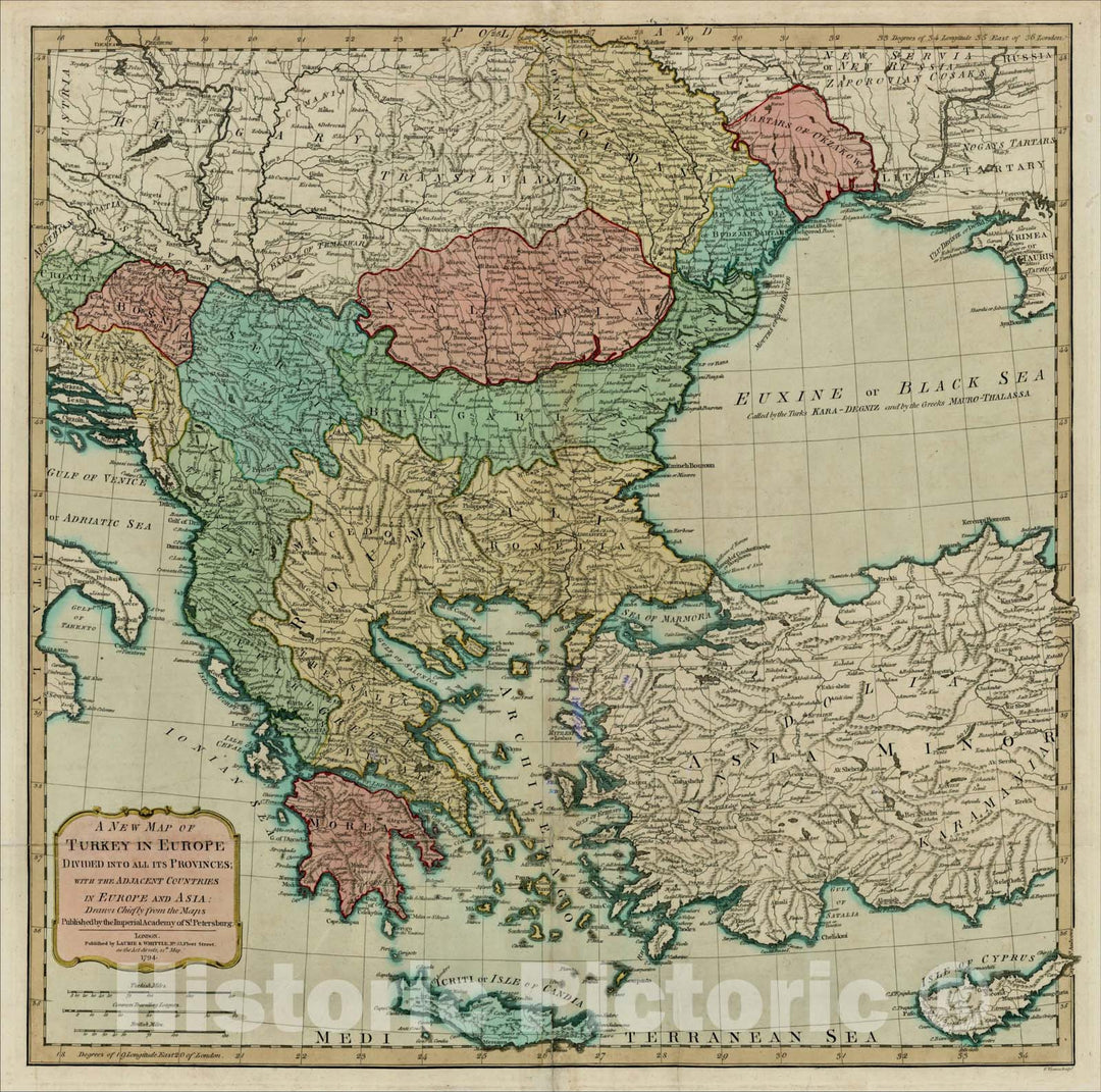 Historic Map : A New Map of Turkey in Europe Divided into All Its Provinces; With the Adjacent Countries of Europe and Asia?1794 [shows Cyprus], 1794, Vintage Wall Art