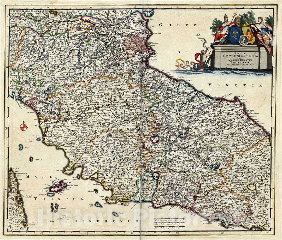 Historic Map : Status Ecclesiasticus Magnus Ducatus Thoscanae [Tuscany, Rome, Siena, Pisa, Florence, etc], c1688, , Vintage Wall Art