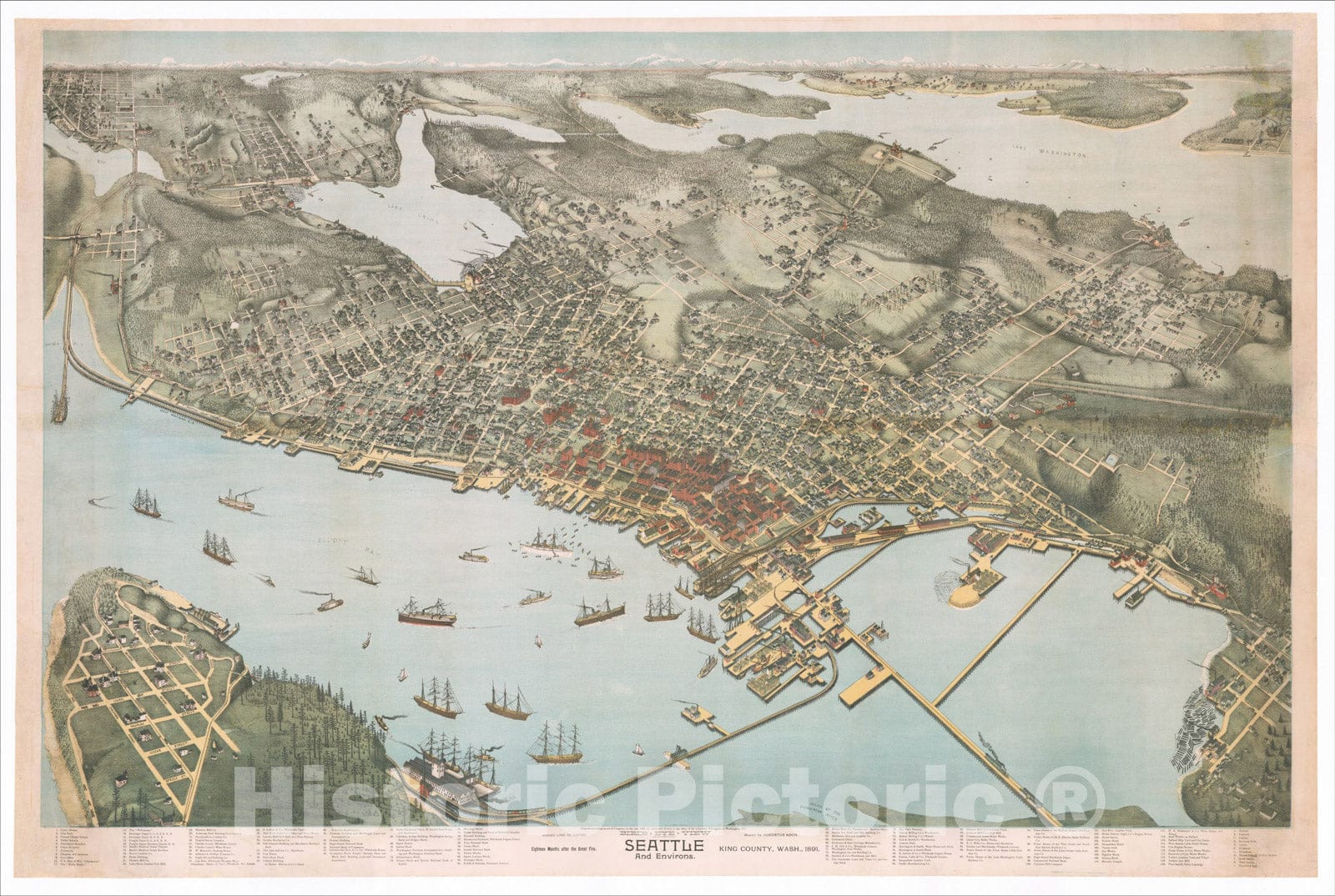 Historic Map : Birds Eye View of Seattle and Environs. King County, Wash., 1891., 1891, Augustus Koch, Vintage Wall Art