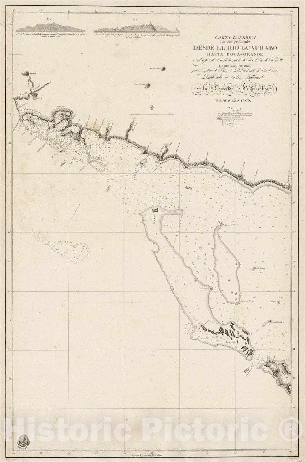 Historic Map : Carta Esferica que comprehende Desde el Rio Guaurabo Hasta Boca Grande, 1805, Direccion Hidrografica de Madrid, Vintage Wall Art