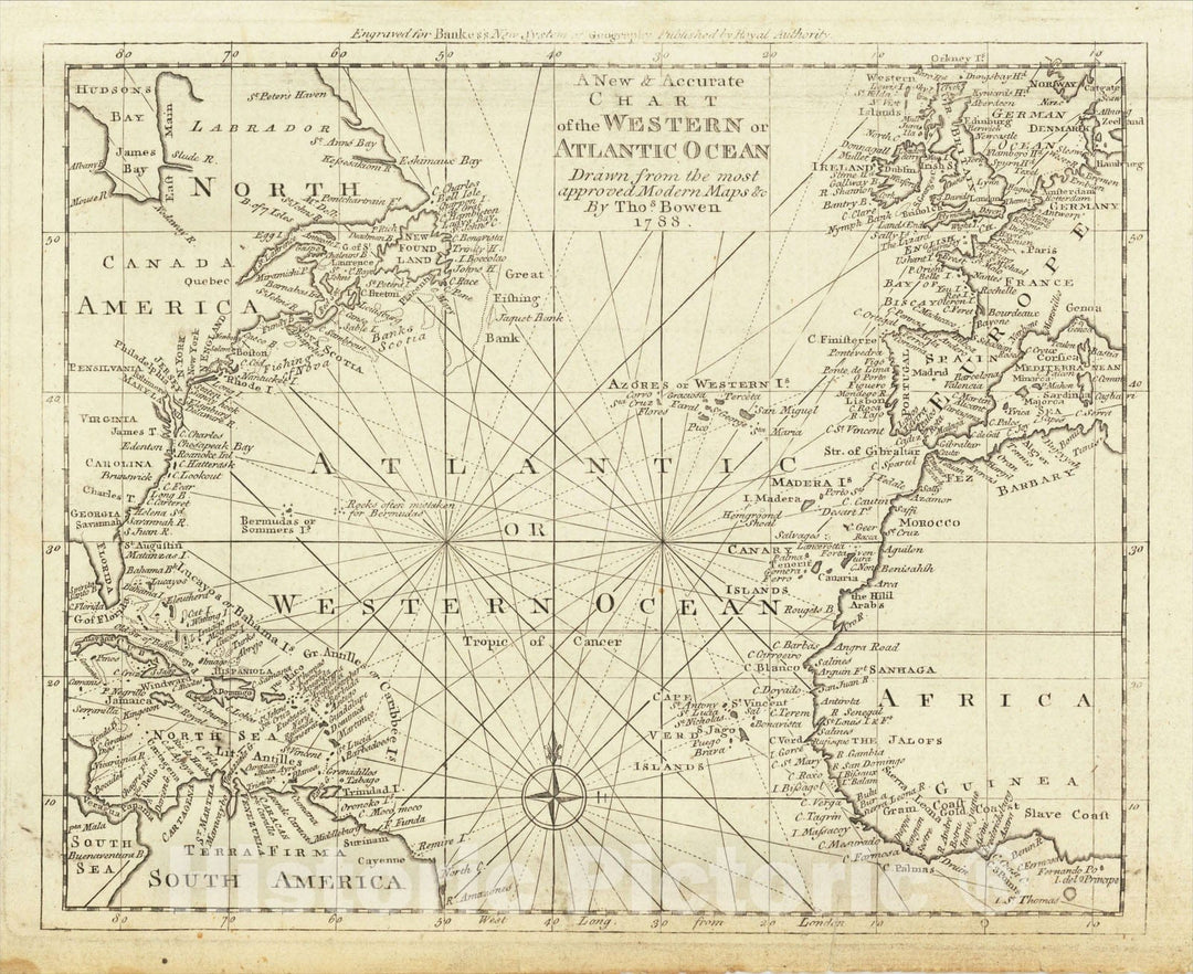 Historic Map : A New & Accurate Chart of the Western or Atlantic Ocean Drawn from Surveys and most approved Maps & Charts, 1788, Thomas Bowen, Vintage Wall Art