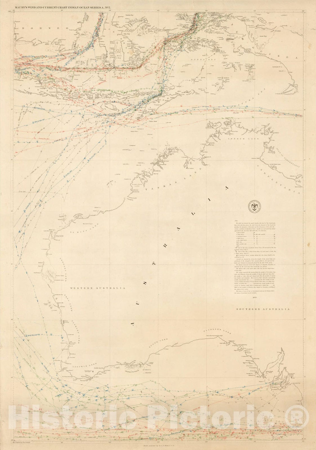 Historic Map : Maury's Wind and Current Chart, Indian Ocean Series A. No. 7 (Western Australia, New Guinea, Spice Islands, etc.), 1852, Matthew Fontaine Maury, Vintage Wall Art