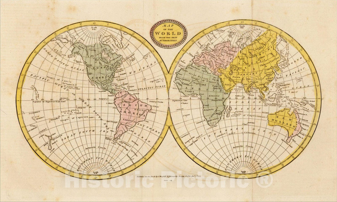 Historic Map : Map of the World From The Best Authorities, 1806, Charles Brightly, Vintage Wall Art