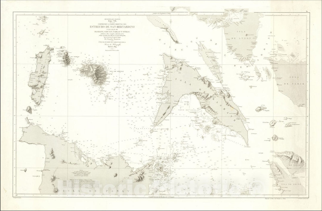 Historic Map : Archipelago Filipino Hola VIII -- Comprende La Parte Oriental Del Estrecho De San Bernardino, 1870, Direccion Hidrografica de Madrid, Vintage Wall Art