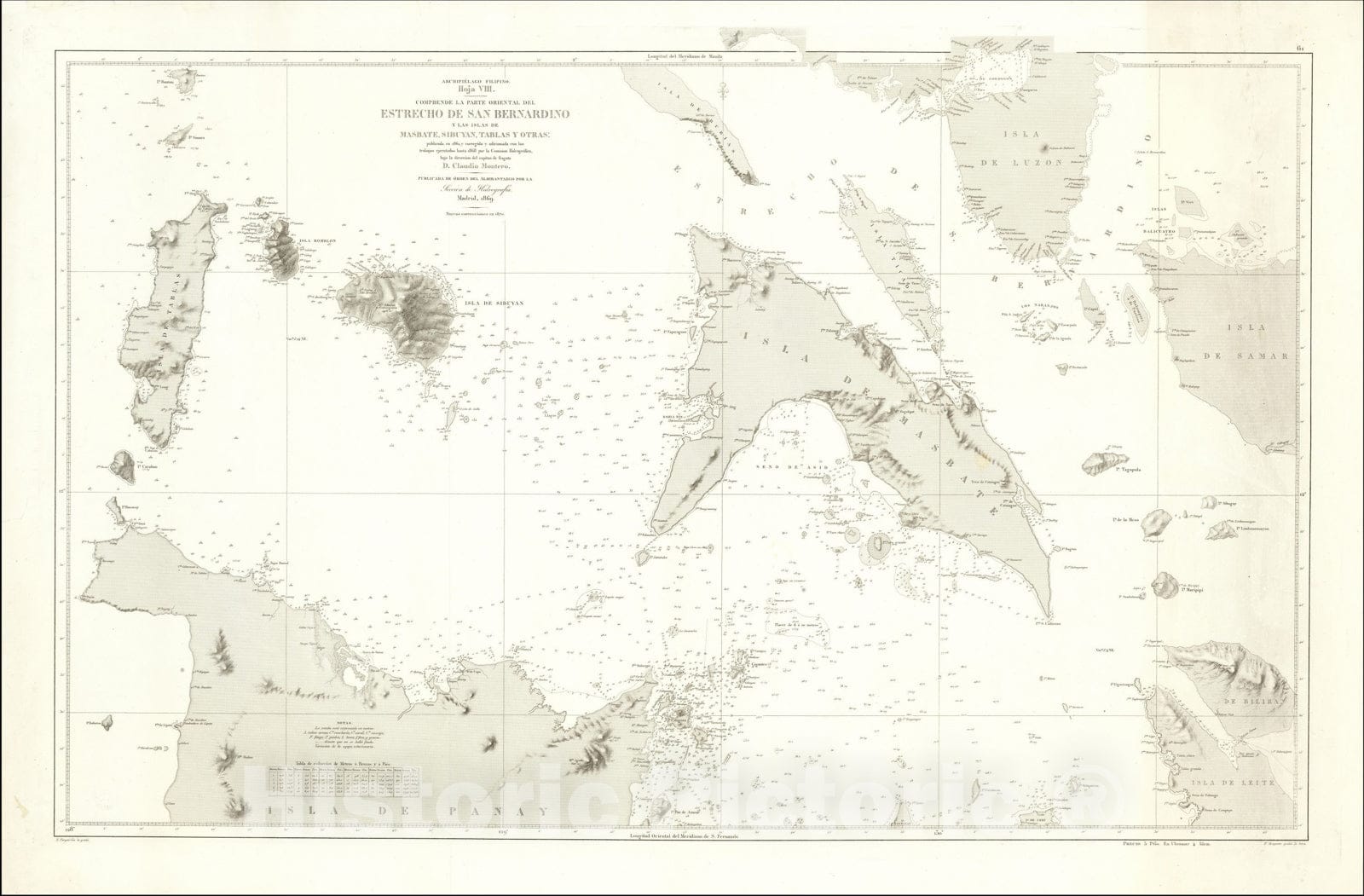 Historic Map : Archipelago Filipino Hola VIII -- Comprende La Parte Oriental Del Estrecho De San Bernardino, 1870, Direccion Hidrografica de Madrid, Vintage Wall Art