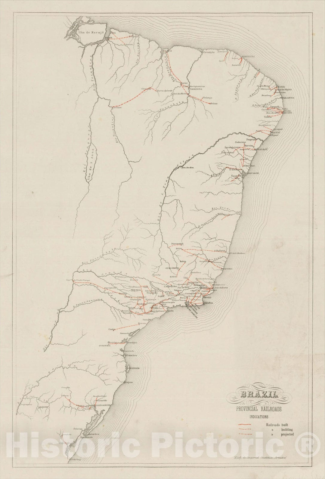 Historic Map : Brazil Provincial Railroads, 1876, , Vintage Wall Art