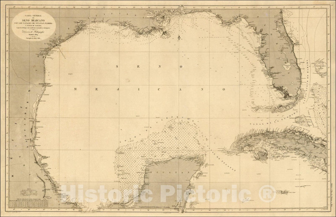 Historic Map : Carta General Del Seno Mejicano Con Los Canales De Yucatan, Florida y Nuevo De Bahama, 1869, 1876, Direccion Hidrografica de Madrid, Vintage Wall Art