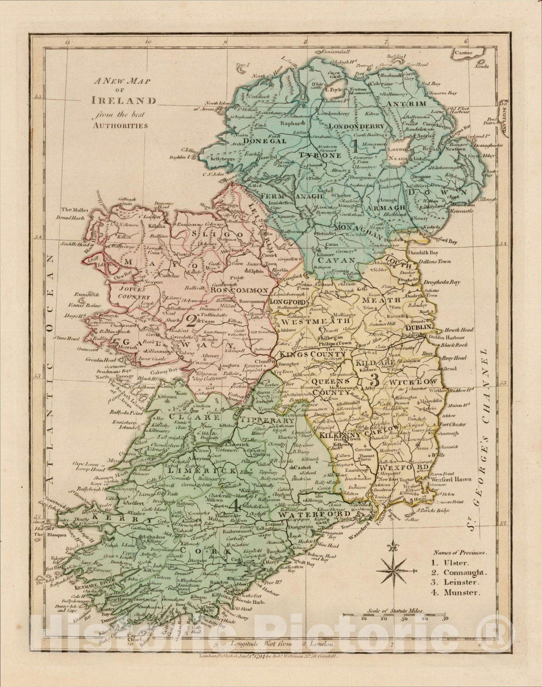 Historic Map : A New Map of Ireland from the best Authorities, 1794, Robert Wilkinson, Vintage Wall Art