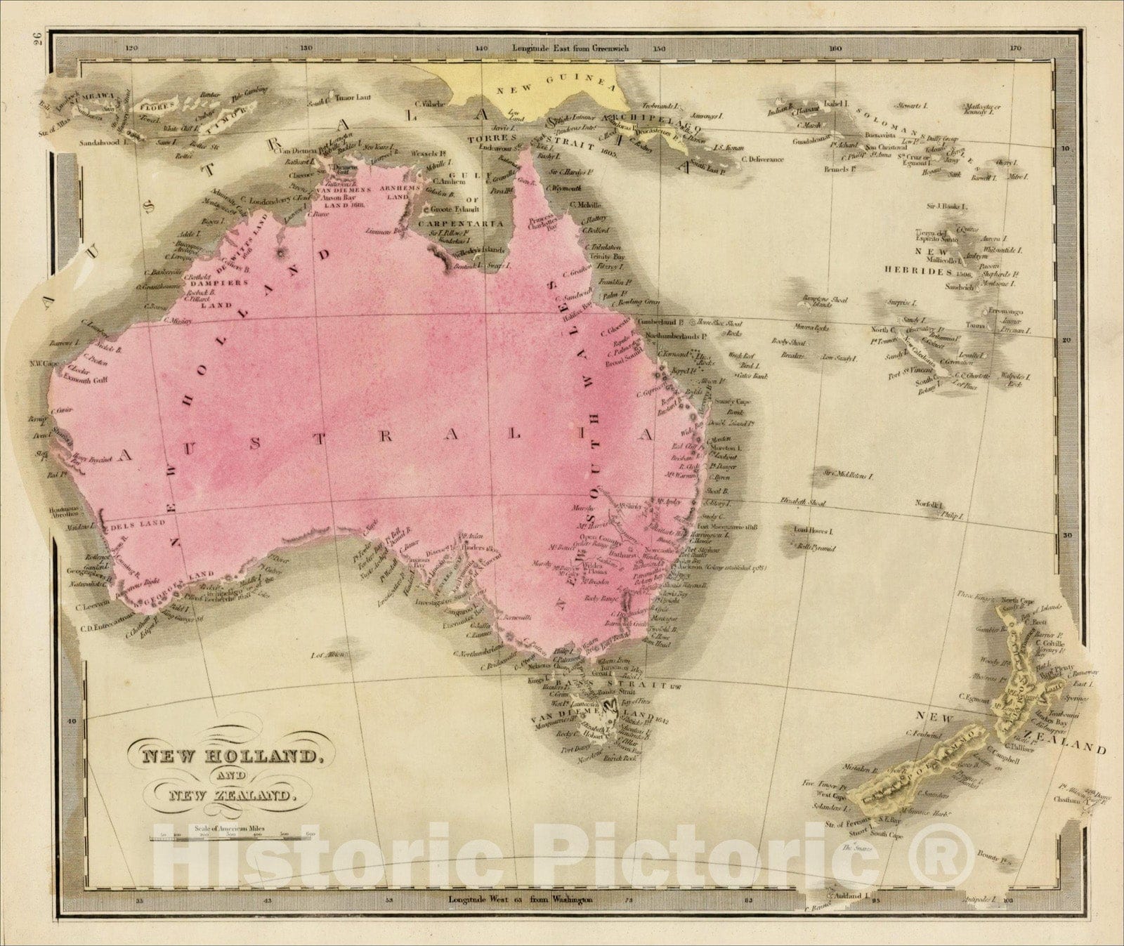 Historic Map : New Holland and New Zealand, c1835, David Hugh Burr, Vintage Wall Art