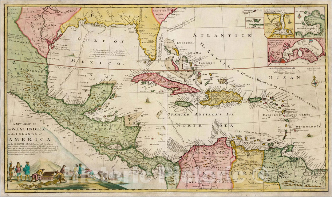 Historic Map : A New Mapp of the West-Indies, or the Islands of America in the North Sea; Explaining what belongs to Spain, England, France, Holland, 1740, Vintage Wall Art