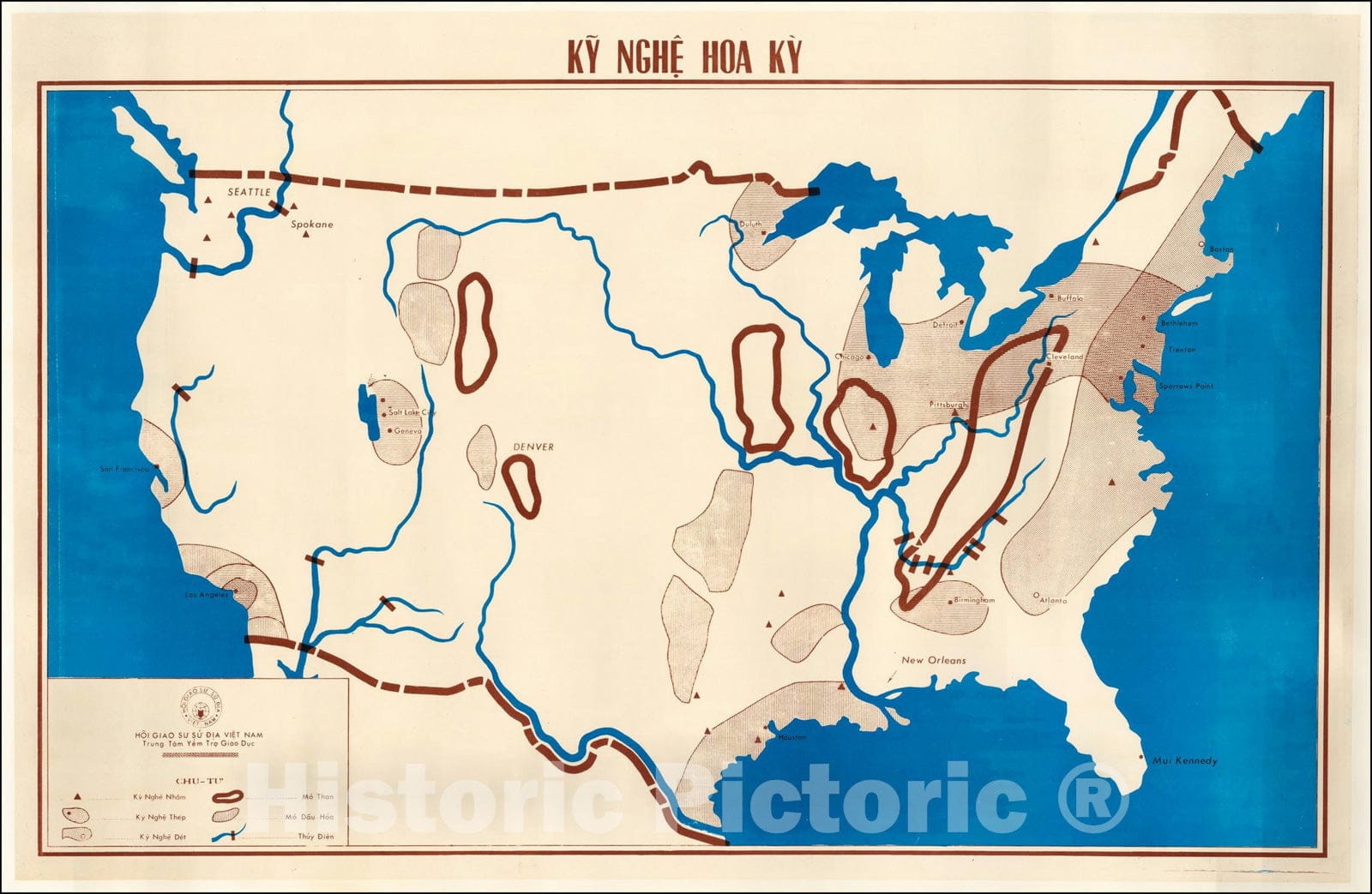 Historic Map : Ky Nghe Hoa Ky (The United States -- Vietnamese Language Teaching Map), c1965, Trung Tam Yem Tro Giao Duc (Viet Nam), Vintage Wall Art