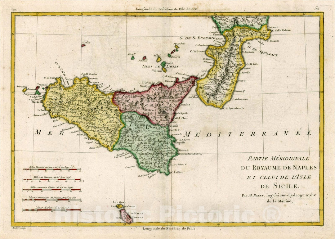 Historic Map : Partie M?idionale du Royaume de Naples et Celui de L'Isle de Sicile [shows Malta], 1780, Rigobert Bonne, Vintage Wall Art