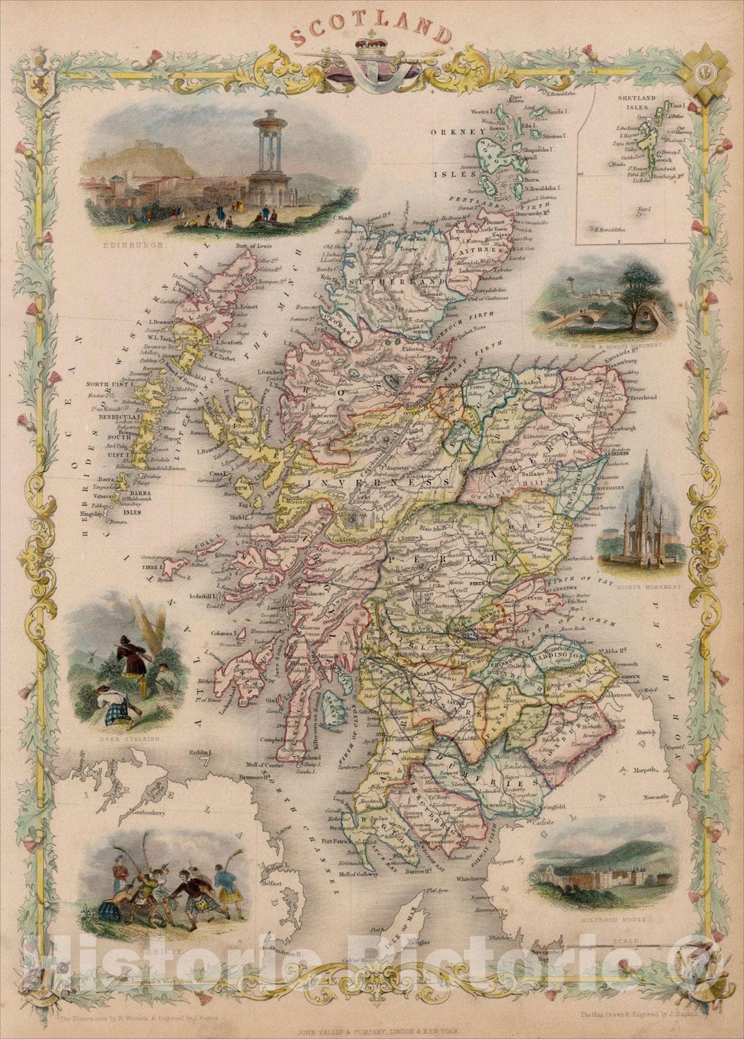 Historic Map : Scotland, 1851, John Tallis, v1, Vintage Wall Art