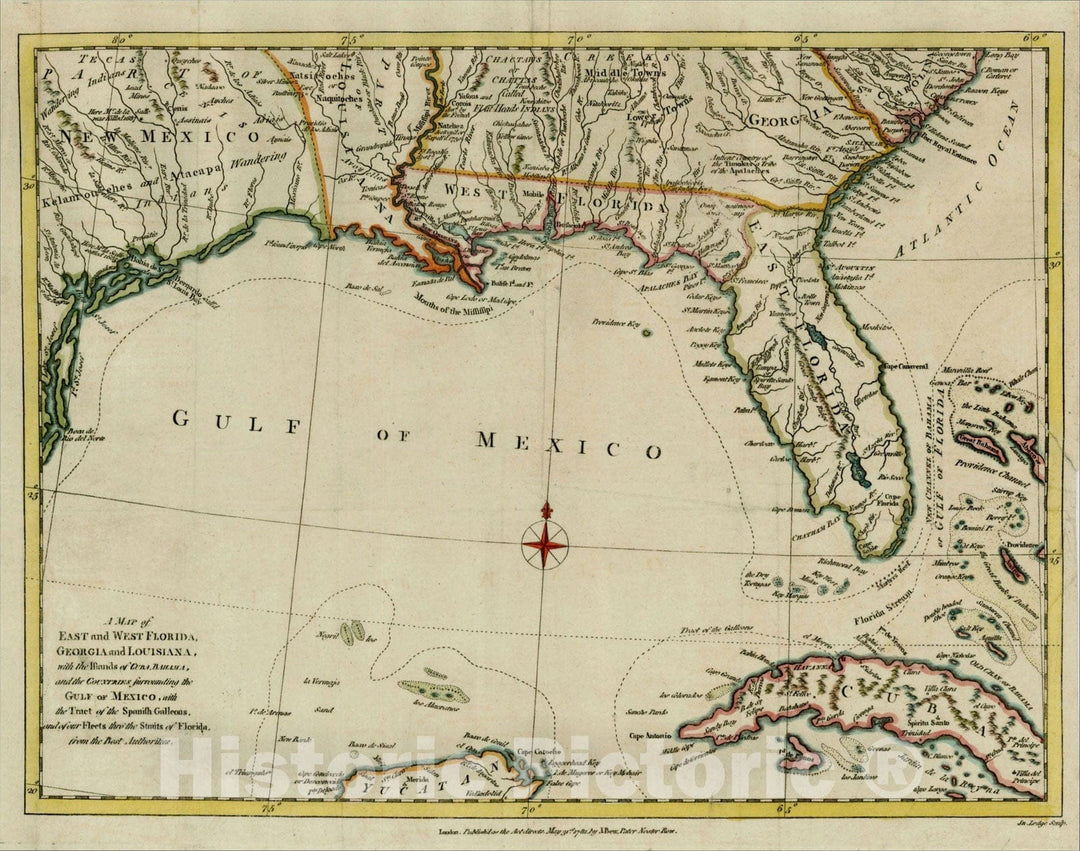 Historic Map : A Map of East and West Florida, Georgia and Louisiana, with the Islands of Cuba, Bahama, and the Countries surrounding the Gulf of Mexico, 1781, Vintage Wall Art