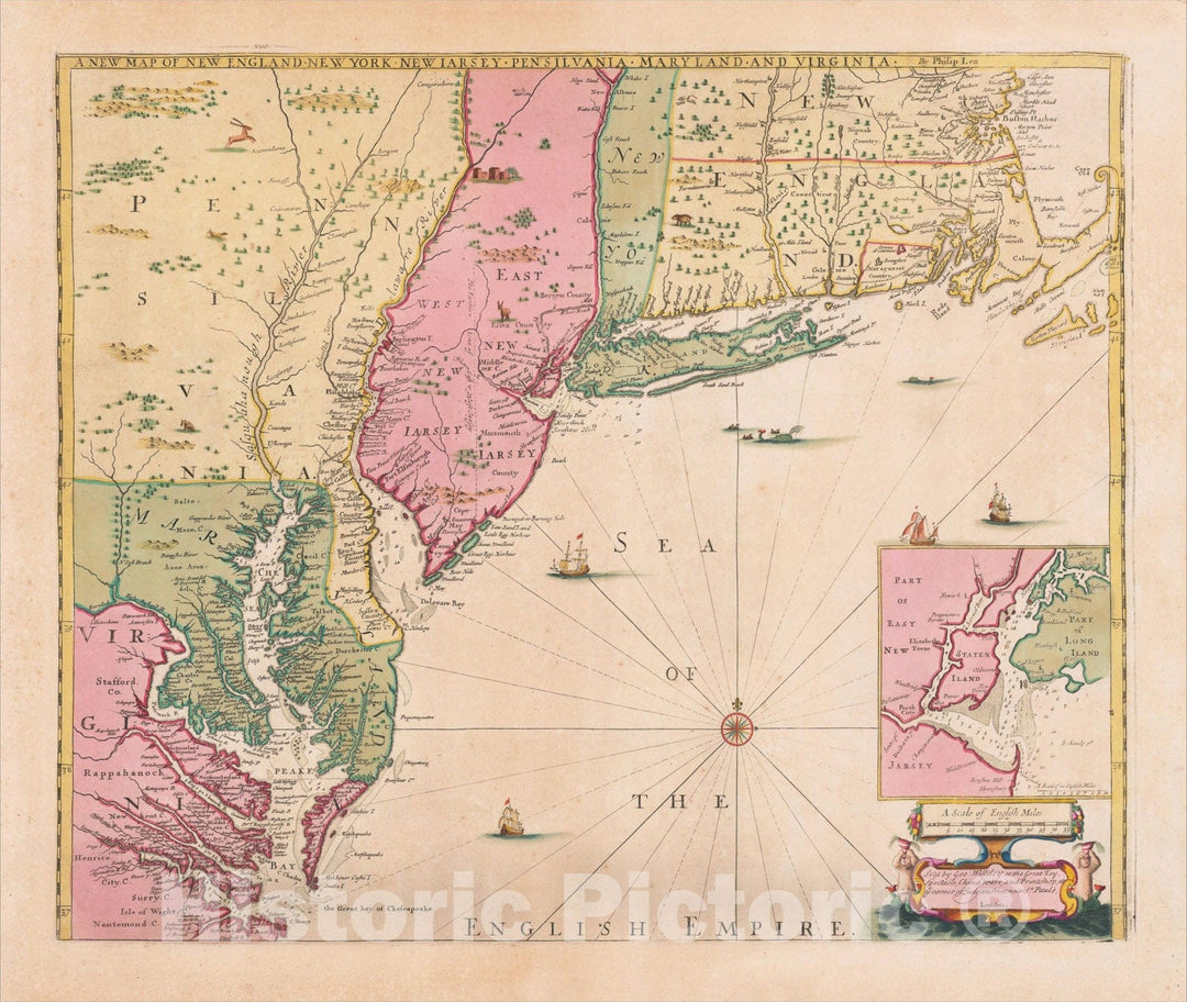 Historic Map : A New Map of New England New York New Iarsey Pensilvania Maryland and Virginia, c1685, , Vintage Wall Art