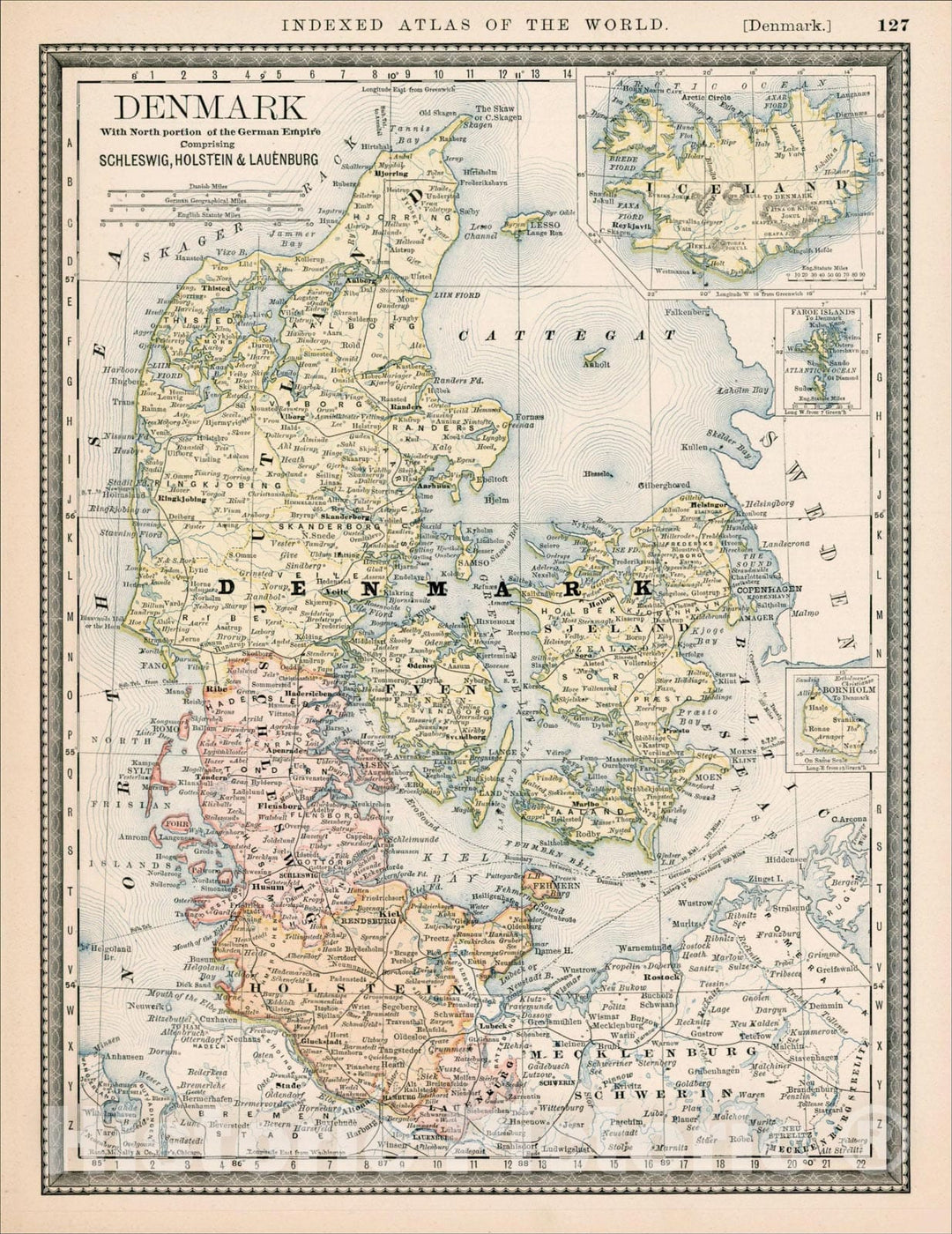 Historic Map : Denmark, with North Poriton of the German Empire Comprising Schleswig Holstein & Lauenberg, 1881, William Rand, Vintage Wall Art