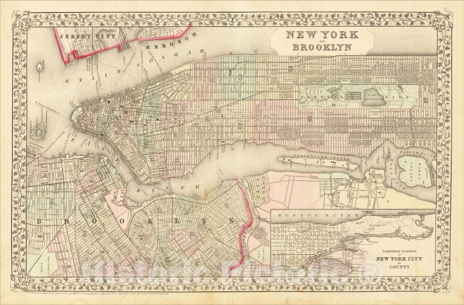 Historic Map : New York and Brooklyn, 1871, Samuel Augustus Mitchell Jr., Vintage Wall Art