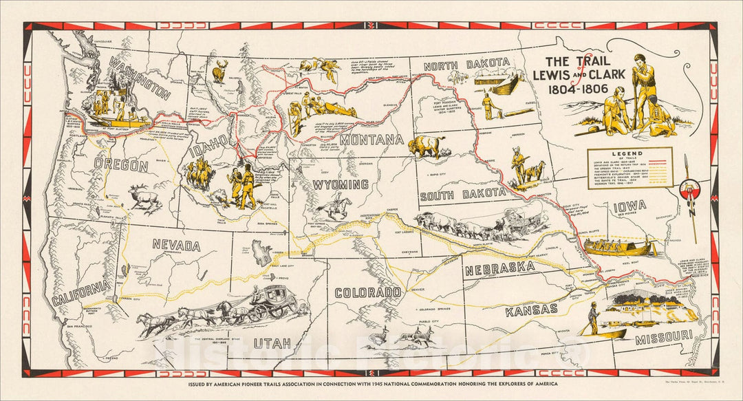 Historic Map : The Trail of Lewis and Clark 1804 - 1806, c1945, v2, Vintage Wall Art