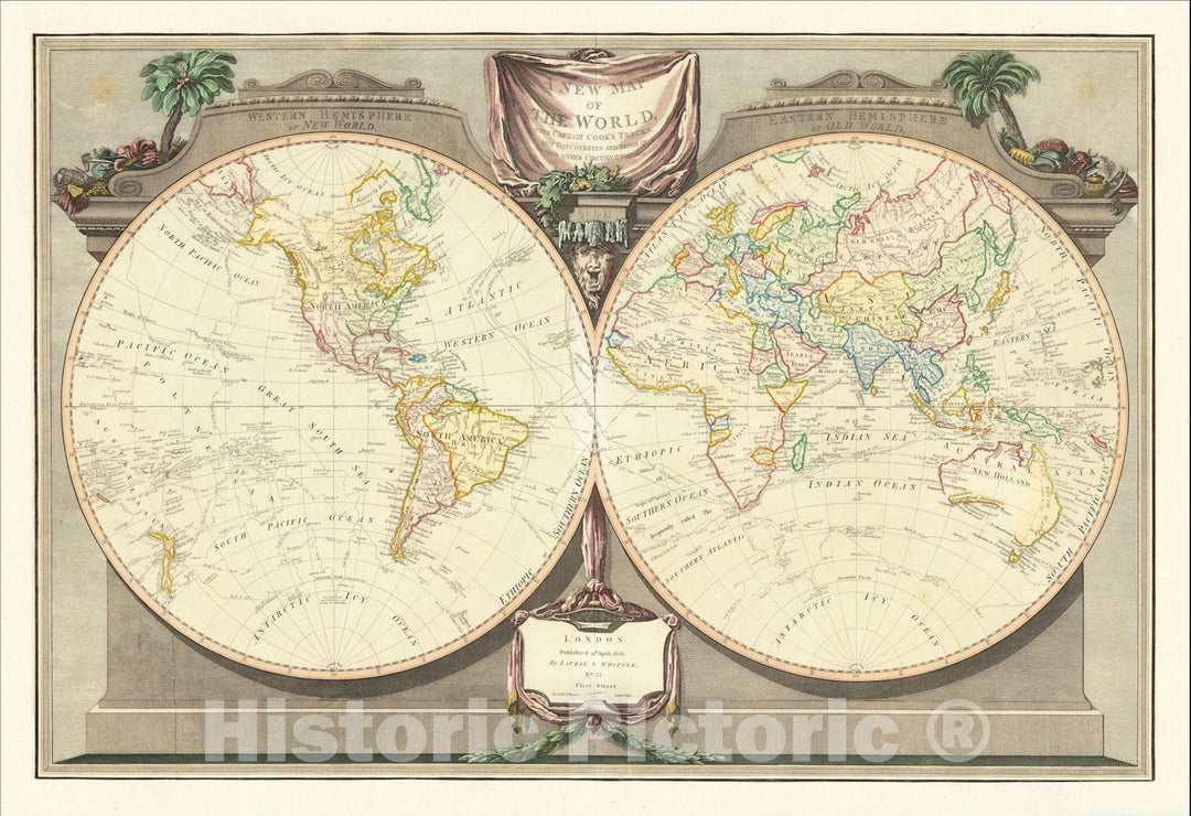 Historic Map : A New Map of The World, with Captain Cook's Tracks, His Discoveries and Those of The Other Circumnavigators, 1808, 1808, James Whittle, Vintage Wall Art