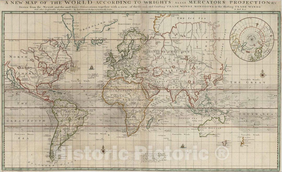 Historic Map : A New Map of the World According To Wright's Alias Mercator's Projection andc ., 1705, Herman Moll, Vintage Wall Art