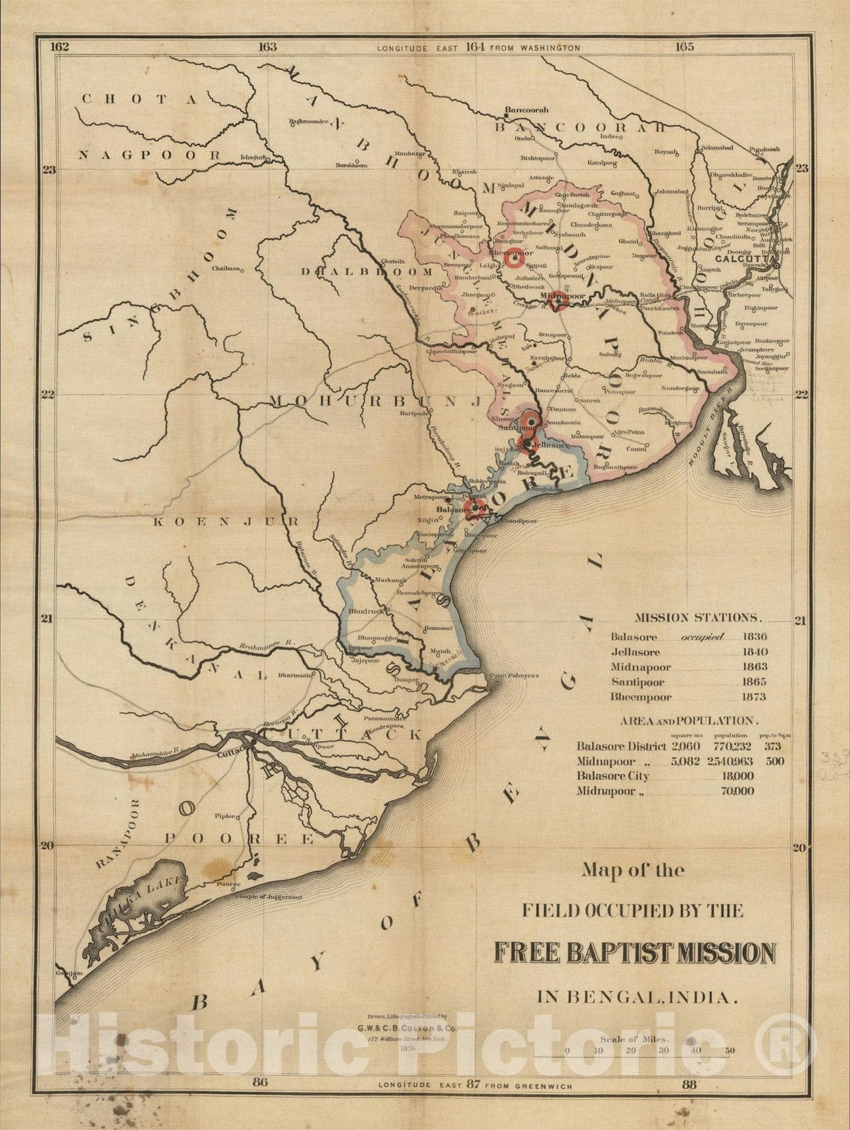 Historic Map : Map of the Field Occupied by the Free Baptist Mission In Bengal, India. (with Manuscript Annotations by an Early user), 1876, Vintage Wall Art