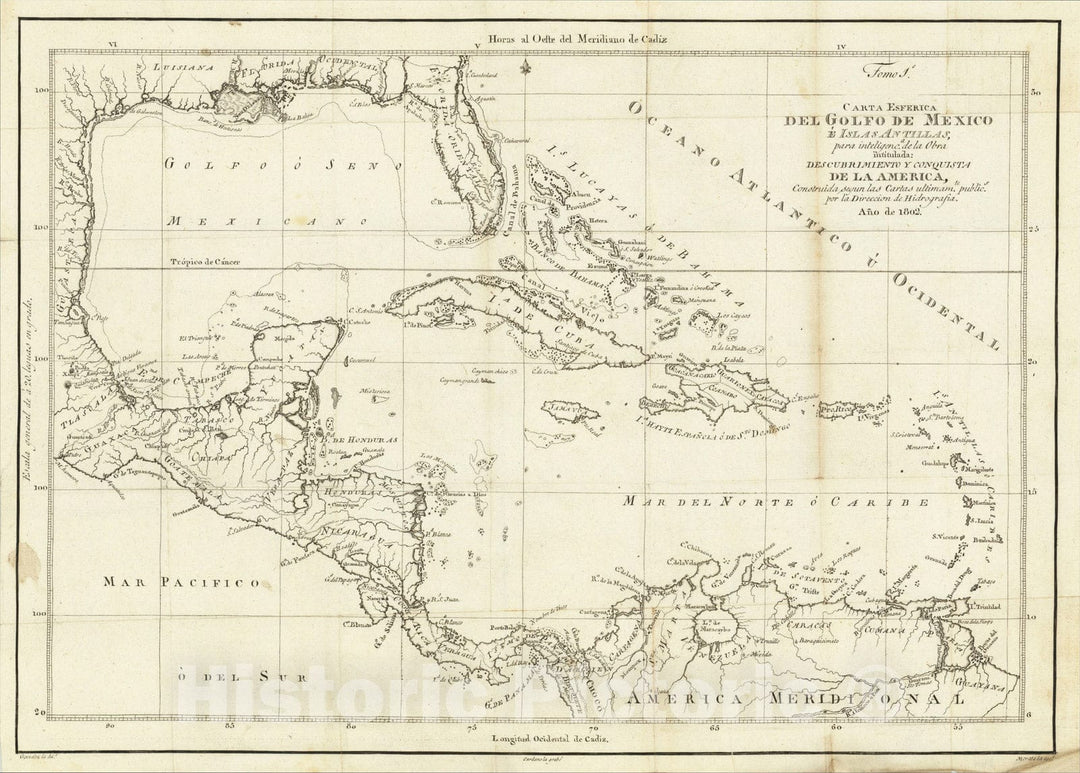 Historic Map : Carta Esferica Del Golfo de Mexico e Islas Antillas, 1802, Juian Corradi, Vintage Wall Art