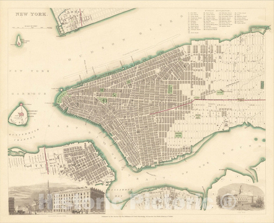 Historic Map : New York City, 1840, Society for the Diffusion of Useful Knowledge, Vintage Wall Art