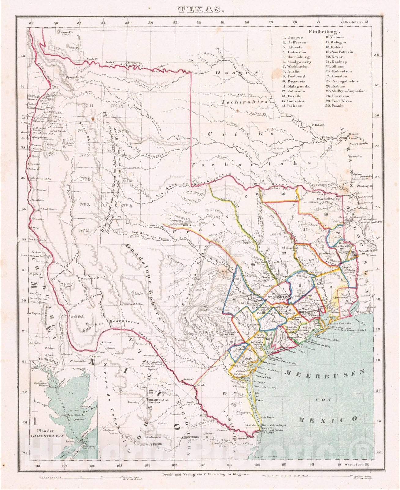 Historic Map : Texas, 1844, Carl Flemming, Vintage Wall Art