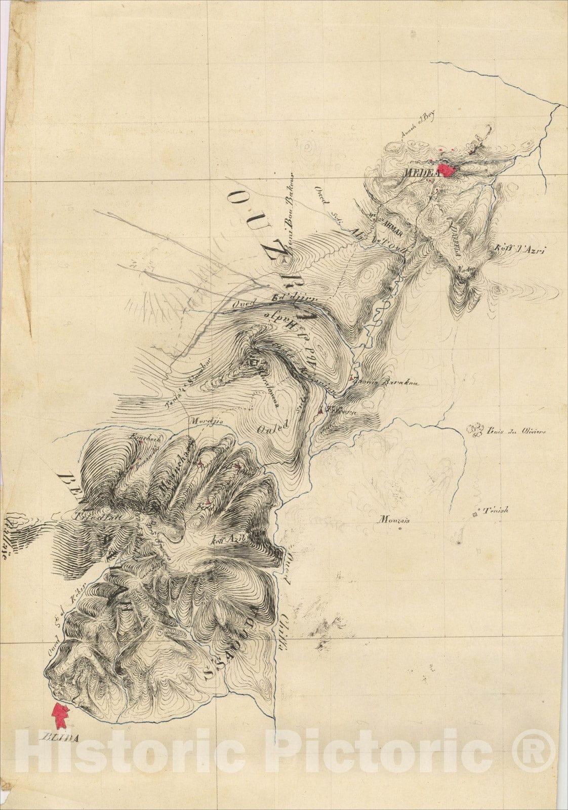 Historic Map : (Manuscript Map - Blida to Medea, Algeria), c1840, v1, Vintage Wall Art