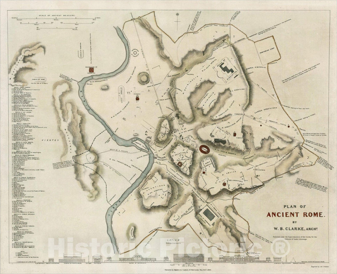 Historic Map : Plan of Ancient Rome. By W.B. Clarke, Archt., 1830, SDUK, v1, Vintage Wall Art