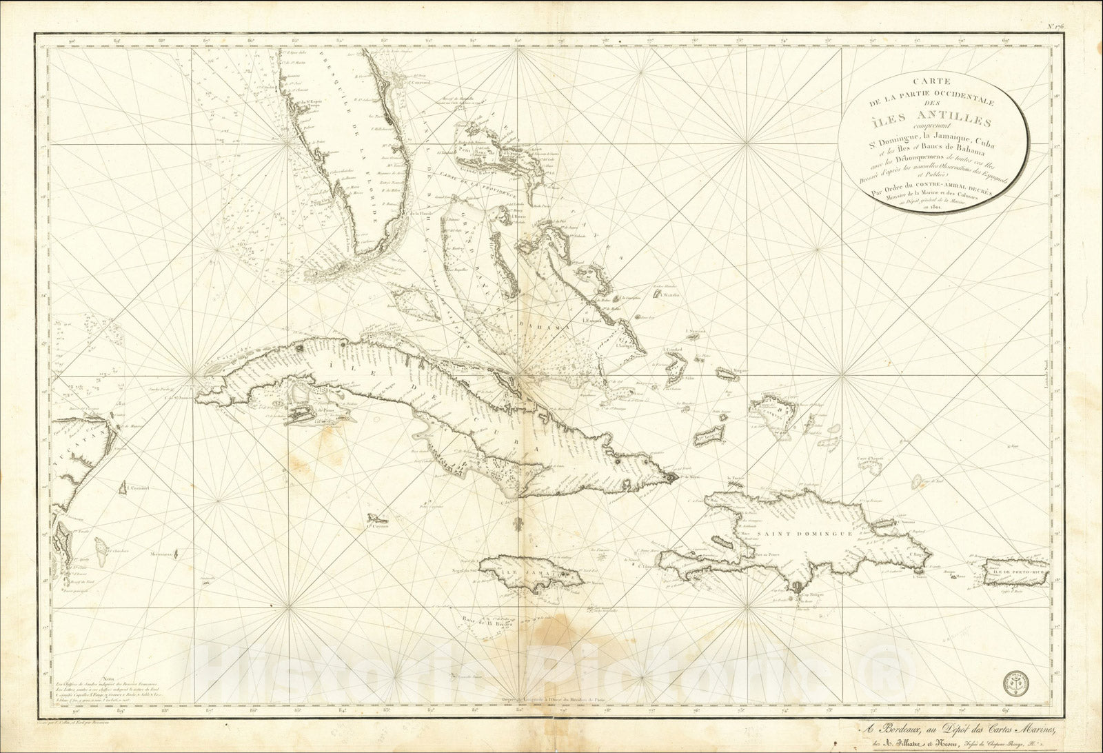 Historic Map : Carte de la Partie Occidentale des Iles Antilles comprenant St. Domingue, la Jamaique, Cuba et les Iles et Bancs de Bahama, 1801, Vintage Wall Art