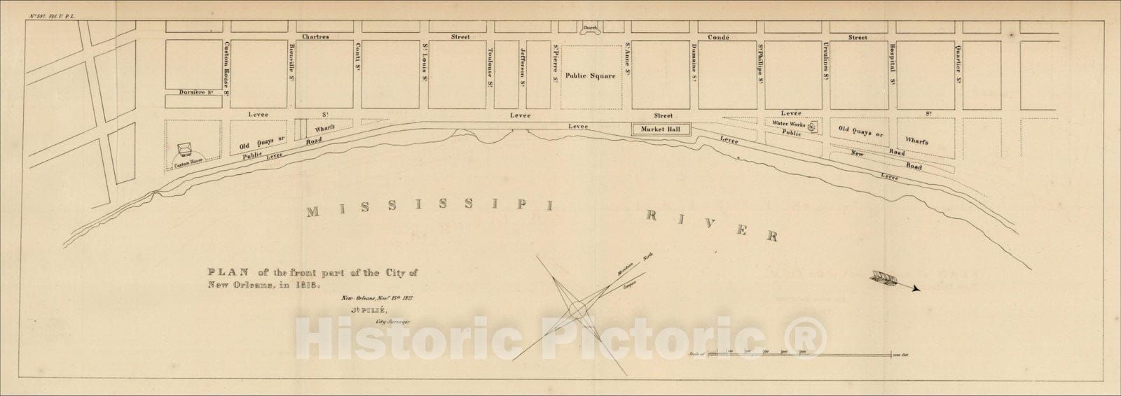 Historic Map : Plan of the Front Part of the City of New Orleans, in 1818, 1828, U.S. Government, Vintage Wall Art