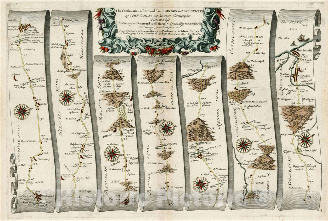 Historic Map : The Continuation of the Road from London to Aberistwith , 1675, , Vintage Wall Art