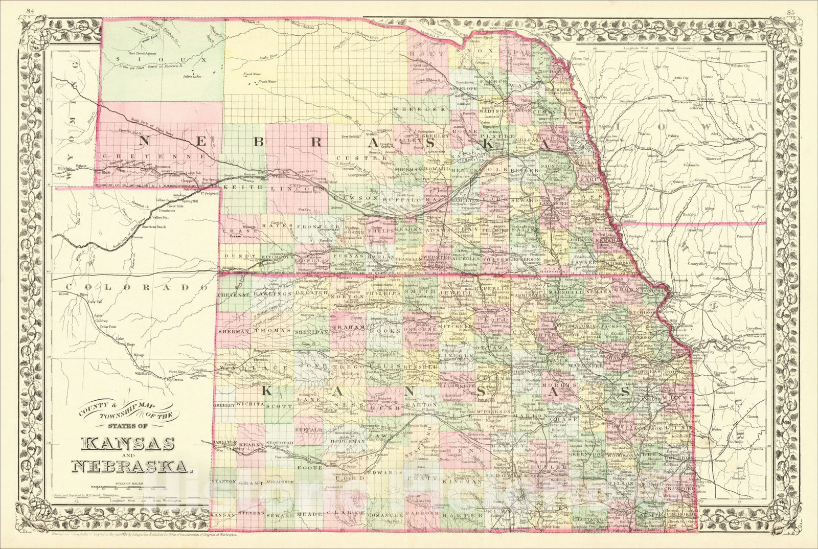 Historic Map : County & Township Map of the States of Kansas and Nebraska, 1882, Samuel Augustus Mitchell Jr., Vintage Wall Art