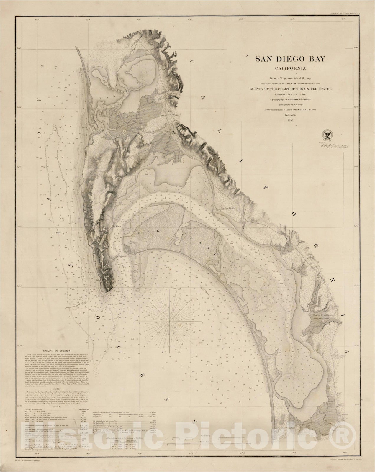 Historic Map : San Diego Bay From Trigonometrical Survey, 1859, 1859, , Vintage Wall Art