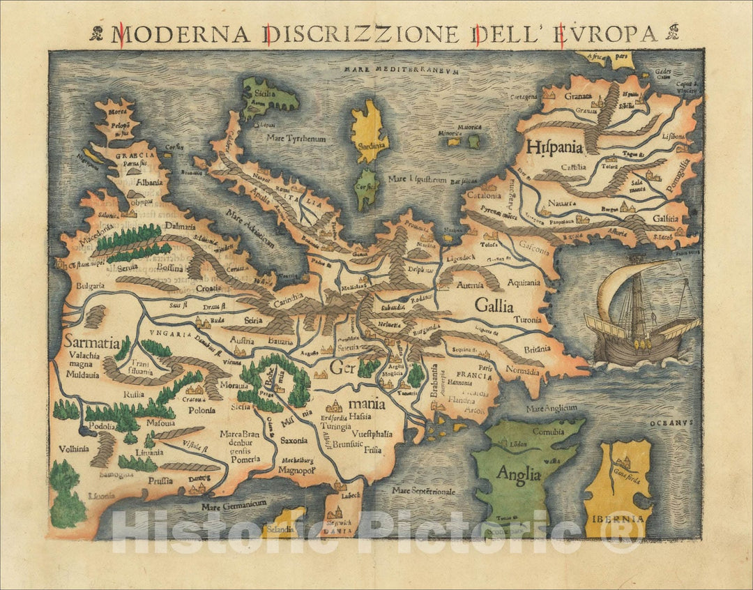 Historic Map : (First Modern Map of the Continent of Europe). Moderna Discrizzione Dell' Europa, 1542, Sebastian Munster, Vintage Wall Art