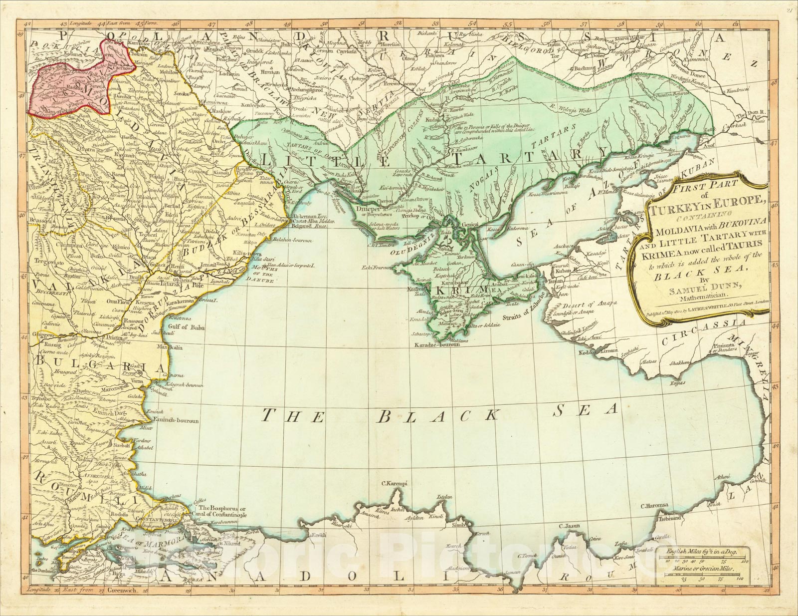 Historic Map : First Part of Turkey in Europe, Containing Moldovia, and Little Tartary with Krimea, 1794, Samuel Dunn, Vintage Wall Art