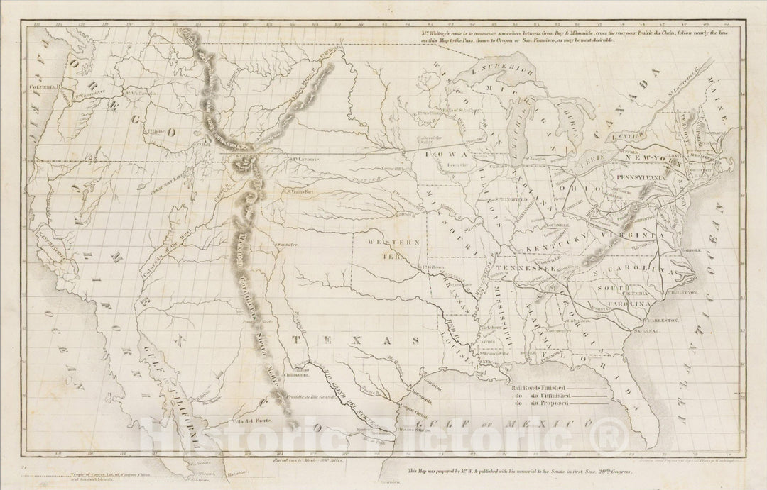 Historic Map : [Proposed Transcontinental Railroad Routes -- Map of the United States], 1848, Asa Whitney, Vintage Wall Art