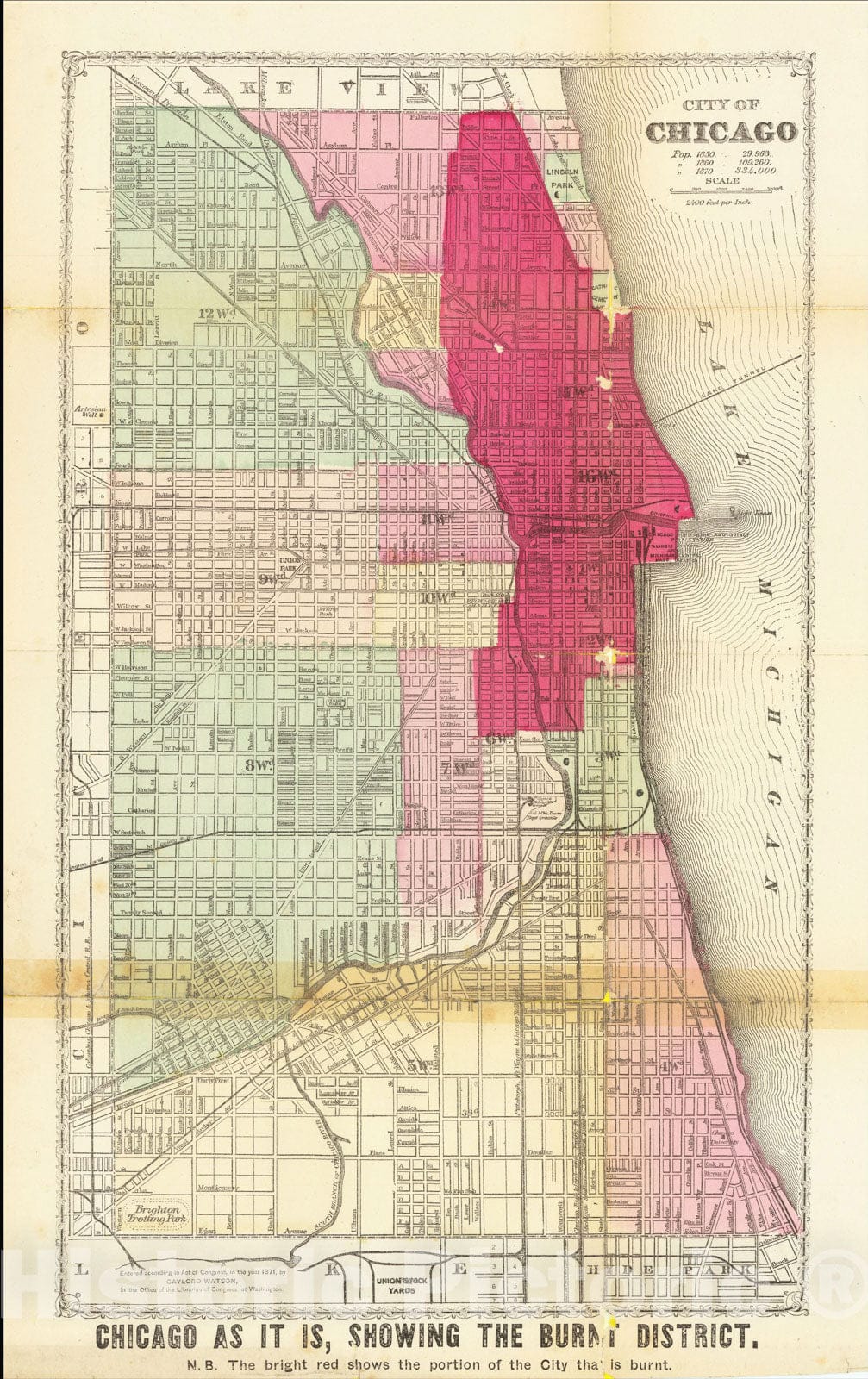 Historic Map : City of Chicago - Chicago as it is, Showing The Burnt District, 1871, Vintage Wall Art