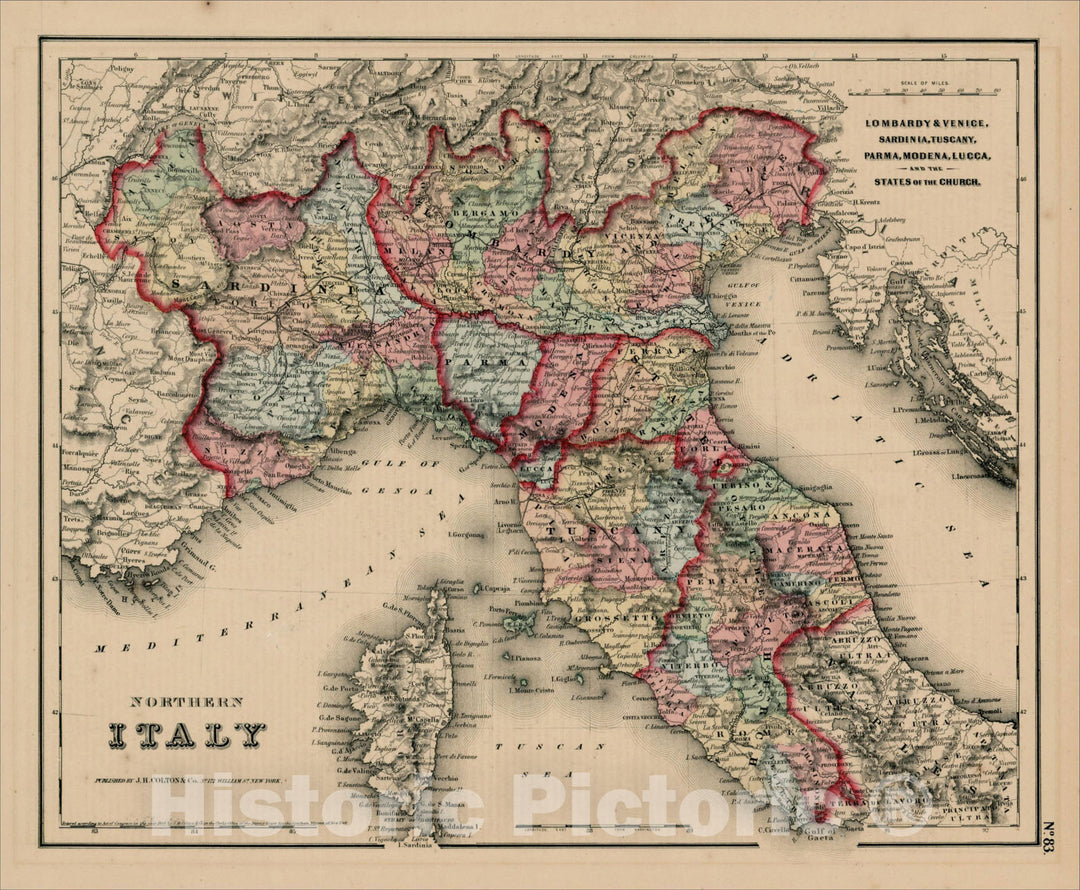 Historic Map : Northern Italy, 1857, Joseph Hutchins Colton, Vintage Wall Art