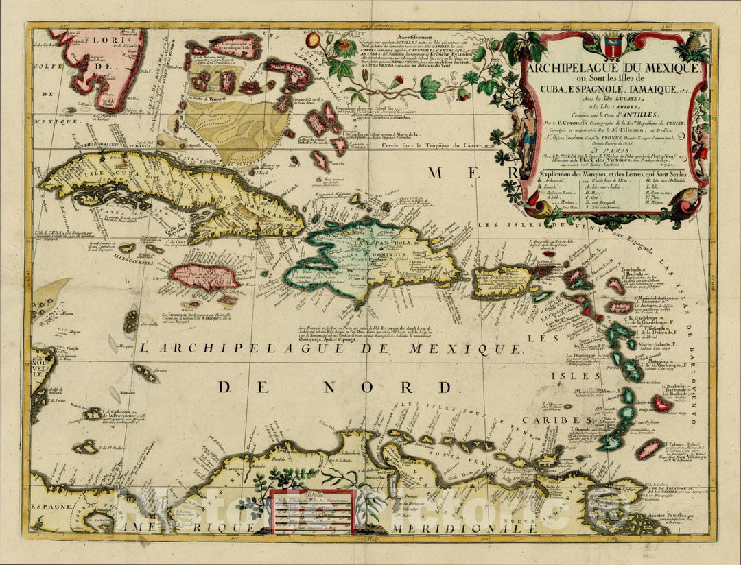 Historic Map : Archipelague Du Mexique. ou Sont les Isles de Cuba, Espagnole, Iamaique, etc., 1742, Vincenzo Maria Coronelli, Vintage Wall Art