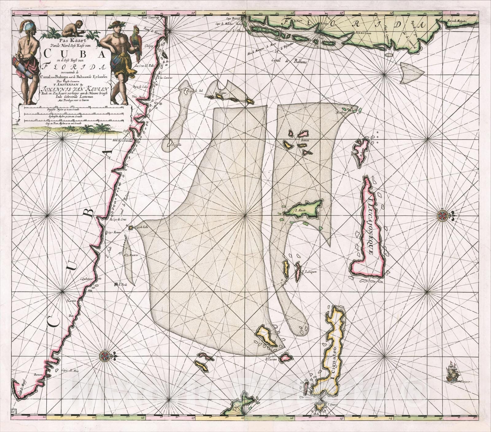 Historic Map : Pas Kaart Vande Noord Oost Kust van CUBA en d'Oost Kust van FLORIDA (South Florida and Cuba), 1695, Johannes Van Keulen, Vintage Wall Art