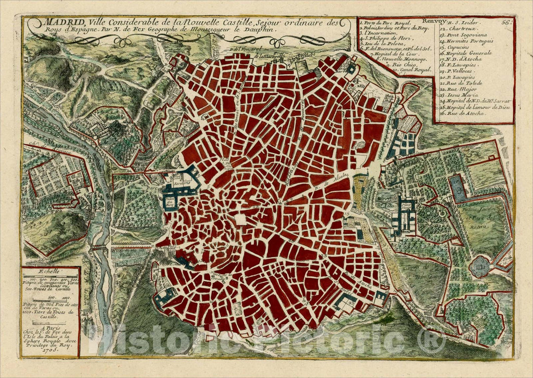 Historic Map : Madrid, ville Considerable de la Nouvelle Castille . . .175, 1705, Nicolas de Fer, Vintage Wall Art