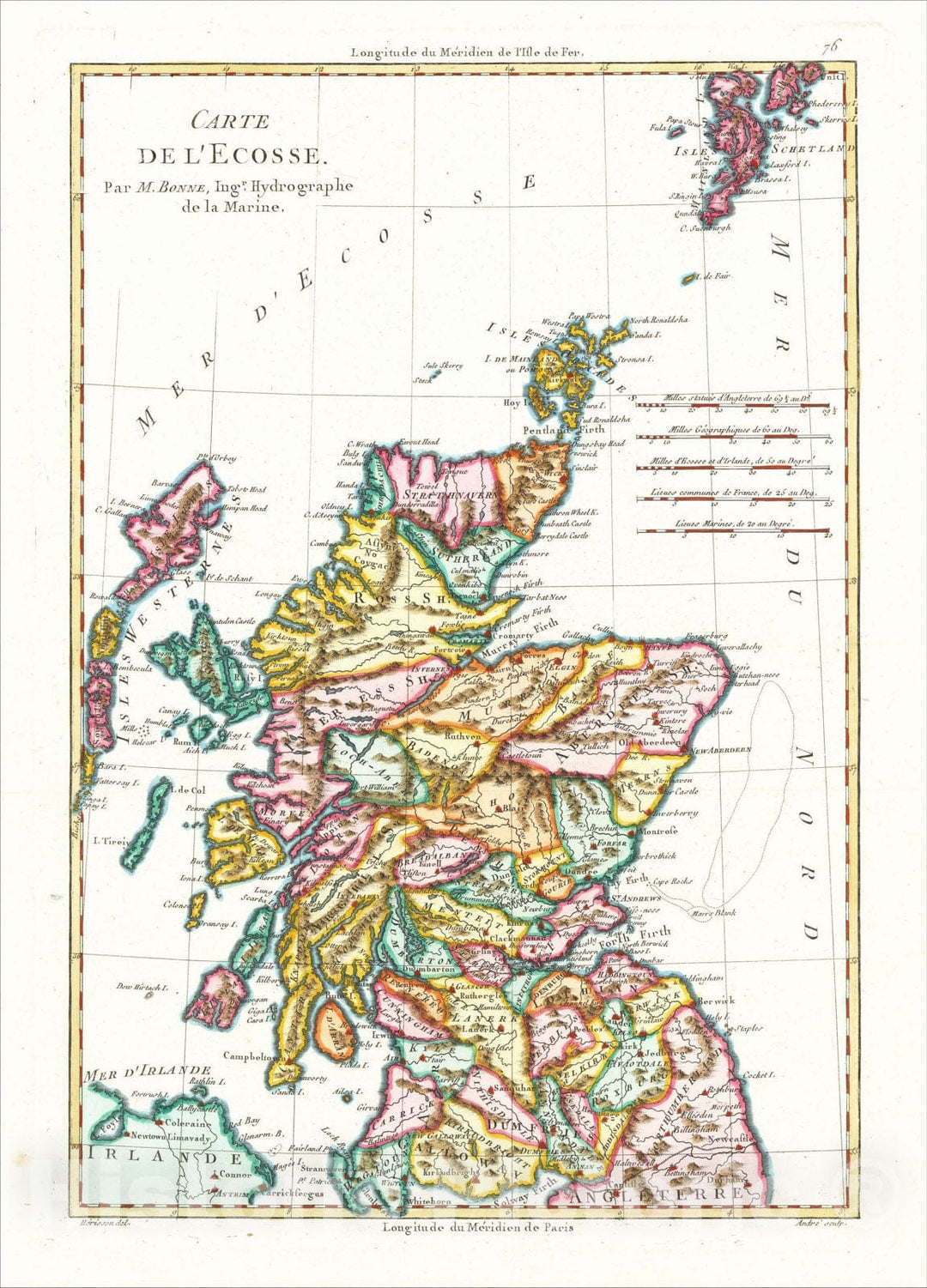 Historic Map : [Scotland] Carte De L'Ecosse, 1780, Rigobert Bonne, Vintage Wall Art